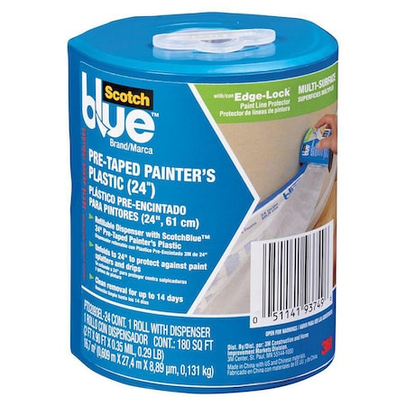 SCOTCH 24" x 30 Yds ScotchBlue Pre-Taped Painters Plastic/Edge-Lock/Dispenser PTD2093EL-24